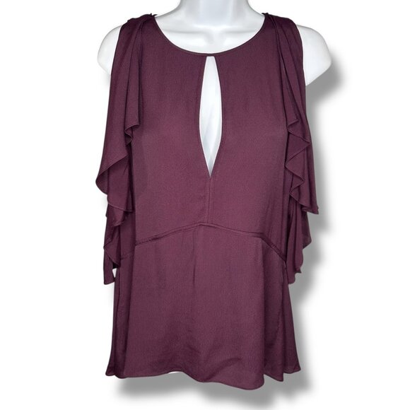 Theory Desiraya Plum Purple Ruffle Cold Shoulder Keyhole Top Blouse - Picture 2 of 5